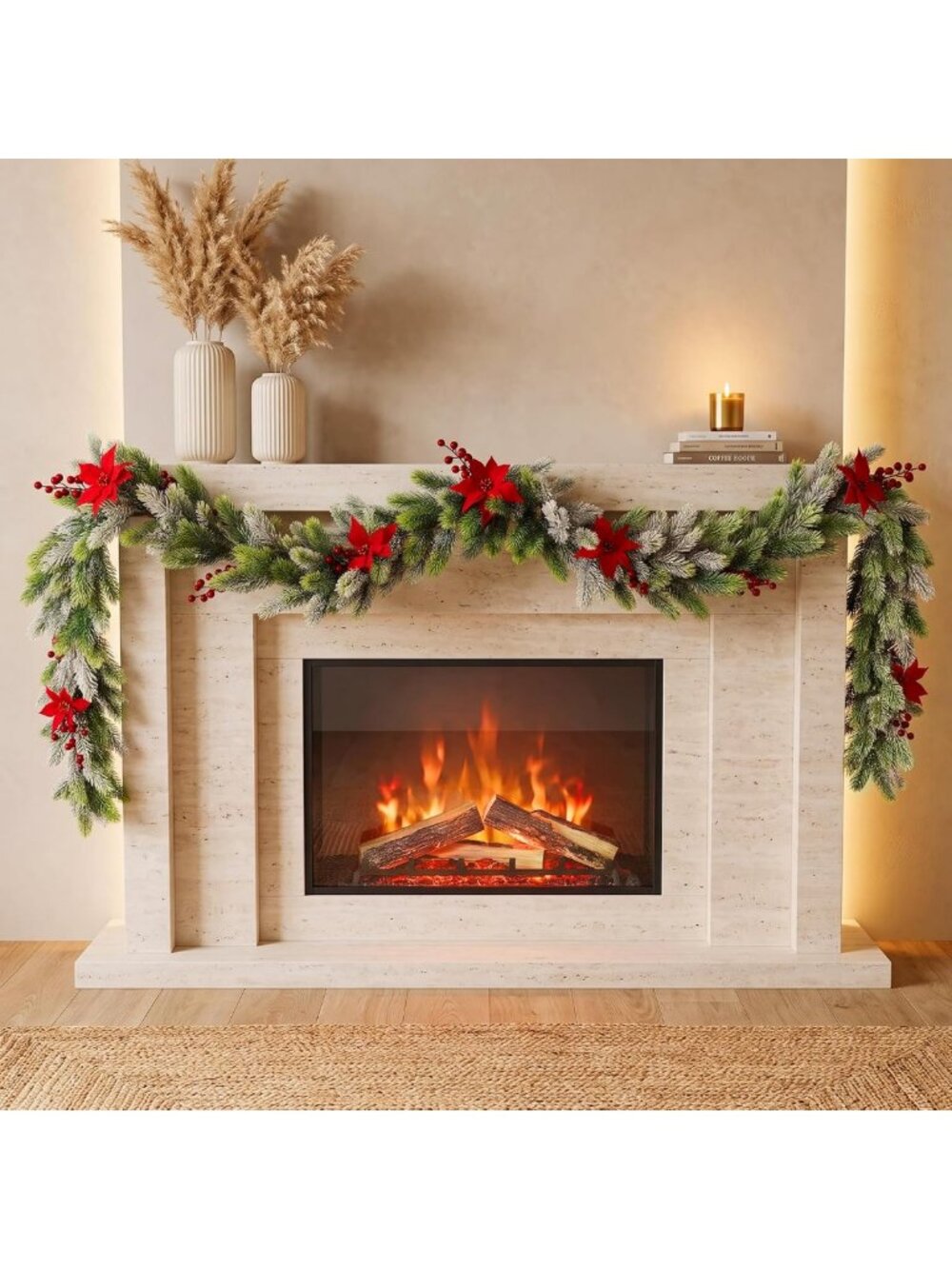 9FT Christmas Cedar Garland with Poinsettia, Pinecones & Red Berries Decor